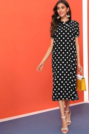 Đầm Polka Dot Đen Và Trắng Casual